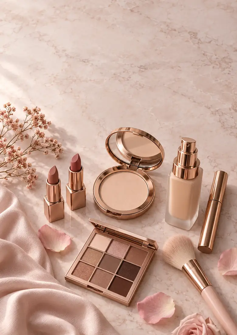 Smink i nude och rosé på rosa marmor